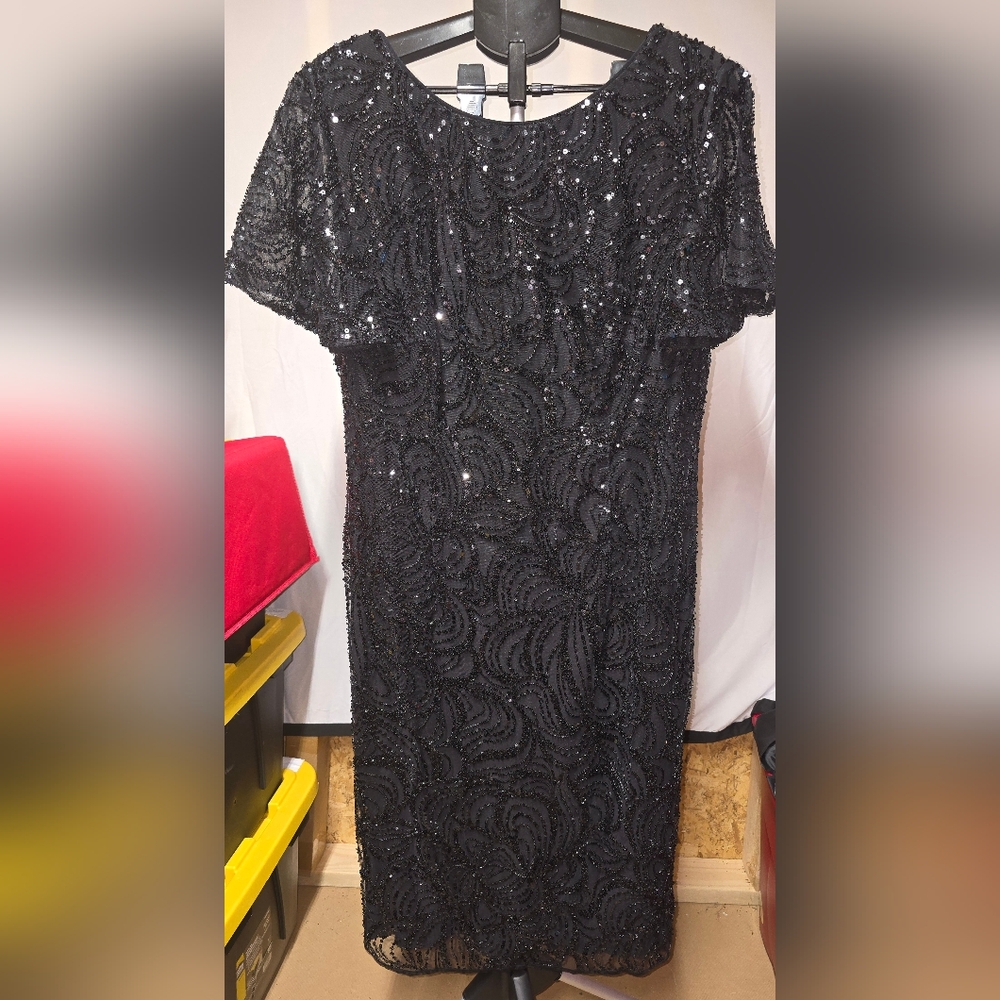 HQ Black Beaded Flutter Sleeve Cocktail Dress